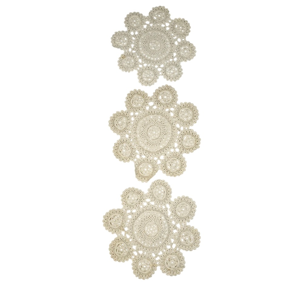 Vintage Cream Crochet Doilies Set of 3 Floral Lace Scalloped Round 10 Inch Cream